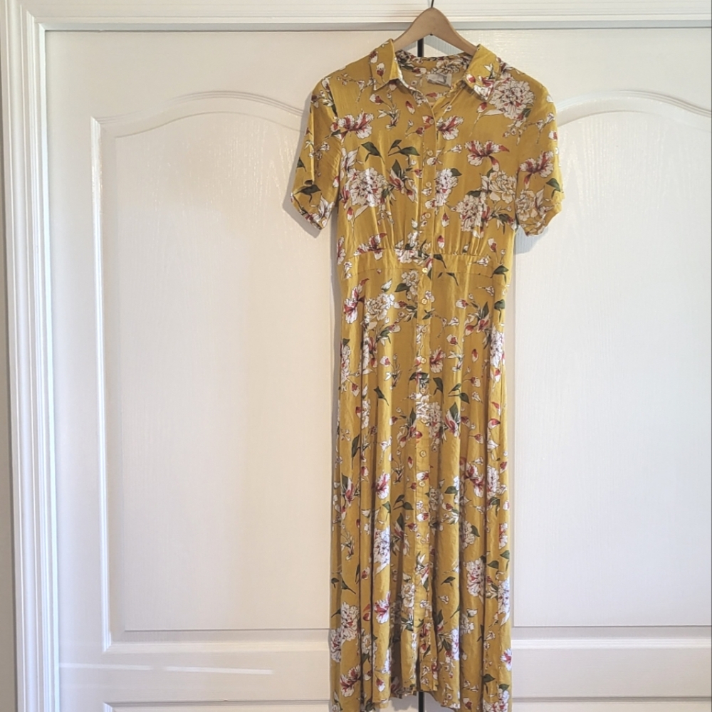 Gorgeous Small Linen Floral Dress - Mustard Yellow - Blu Heaven - Cottagecore